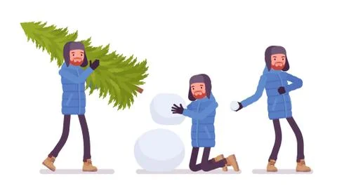 Stylish man in blue down jacket having outdoor fun Stock Illustration