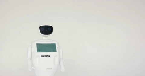 A stylish man communicates with a robot, presses a plastic mechanical arm to the Stock Footage 80420240