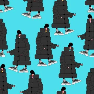 Stylish man pattern seamless. High-soled sneakers and big down jacket backgro Stock Illustration