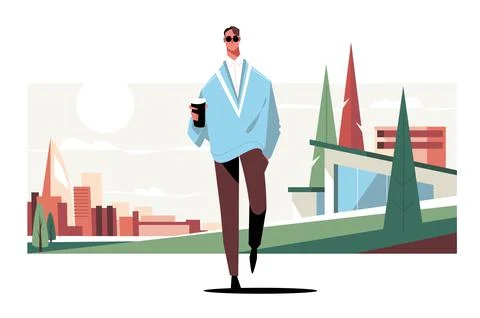 Stylish man in pullover walk on city street Stock Illustration