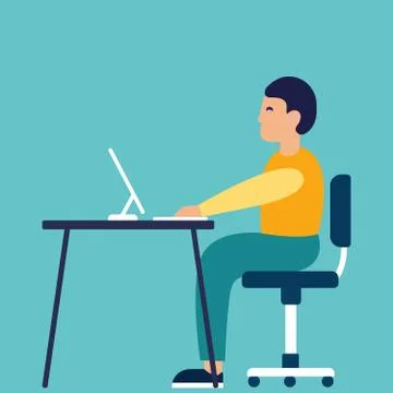 A stylish man sitting at the table and working on a notebook. Vector Stock Illustration