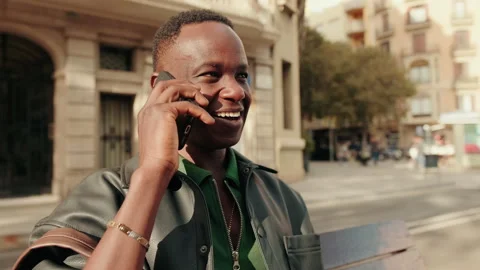 Stylish Man Talking Happily On Phone Outdoors Stock Footage 320889613