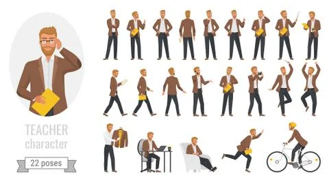 Stylish man teacher poses set with cartoon executive lector Stock Illustration