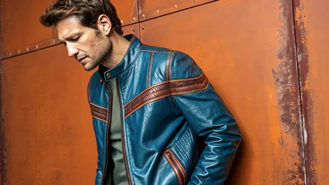 Stylish Man in Teal Leather Jacket against Rusty Metal Background Stock Footage 291388562