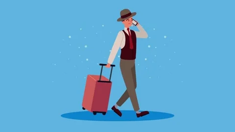 Stylish man walking with luggage while talking on phone, concept of travel,.. Stock Footage 334524613