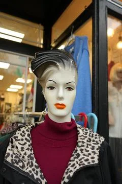 Stylish Mannequin, Leopard Print Jacket, Red Turtleneck, Conwy, North Wales. Stock Photos