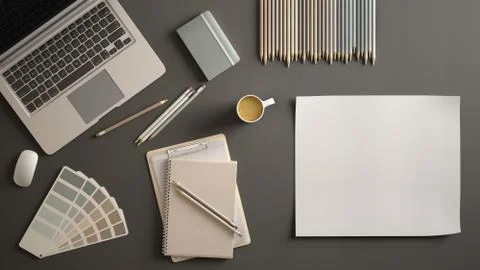 Stylish minimal office table desk. Workspace with laptop, notebook, pencils,  Stock Illustration
