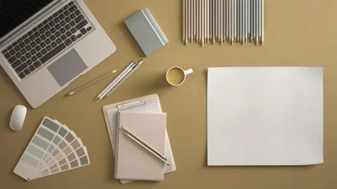 Stylish minimal office table desk. Workspace with laptop, notebook, pencils,  Stock Illustration