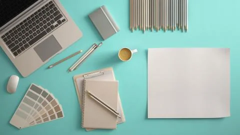 Stylish minimal office table desk. Workspace with laptop, notebook, pencils,  Stock Illustration