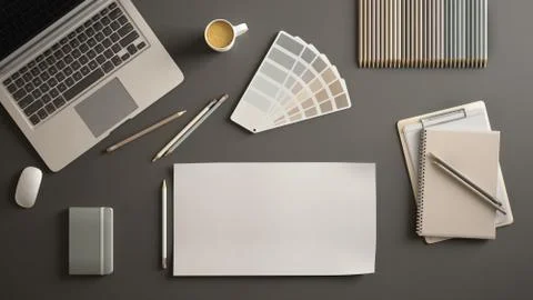 Stylish minimal office table desk. Workspace with laptop, notebook, pencils,  Stock Illustration