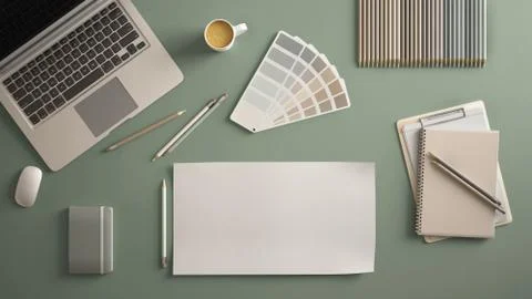 Stylish minimal office table desk. Workspace with laptop, notebook, pencils,  스톡 일러스트
