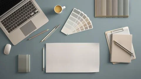 Stylish minimal office table desk. Workspace with laptop, notebook, pencils,  Stock Illustration