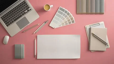 Stylish minimal office table desk. Workspace with laptop, notebook, pencils,  Stock Illustration
