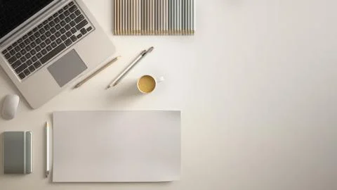Stylish minimal office table desk. Workspace with laptop, notebook, pencils,  Stock Illustration