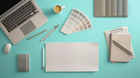 Stylish minimal office table desk. Workspace with laptop, notebook, pencils,  Stock Illustration