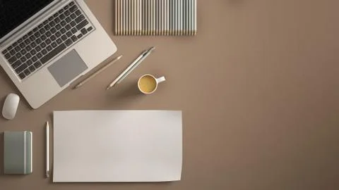 Stylish minimal office table desk. Workspace with laptop, notebook, pencils,  Stock Illustration
