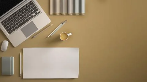 Stylish minimal office table desk. Workspace with laptop, notebook, pencils,  Stock Illustration