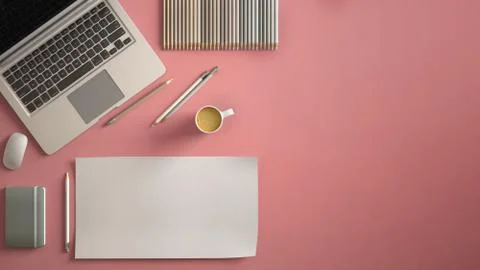Stylish minimal office table desk. Workspace with laptop, notebook, pencils,  Stock Illustration