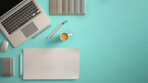 Stylish minimal office table desk. Workspace with laptop, notebook, pencils,  Stock Illustration