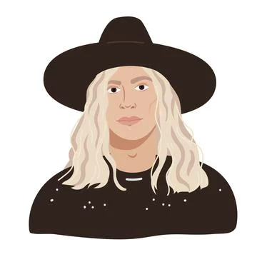 Stylish model man in a black hat and long blonde hair. Fashionable male portr Stock Illustration