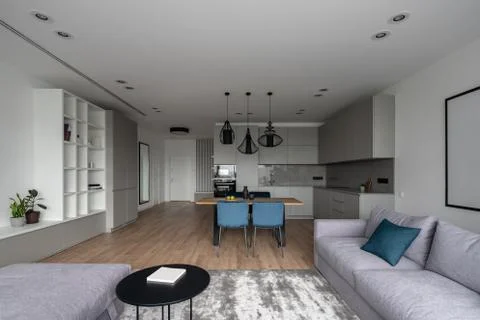 Stylish modern interior with gray kitchen zone 스톡 사진