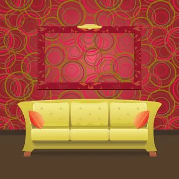Stylish modern interior with green sofa and blank frame on the wall, vector illu Stock Illustration