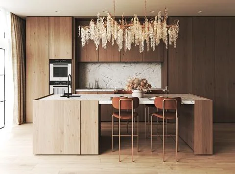 Stylish modern kitchen featuring elegant lighting and chic barstools for a 库存插图