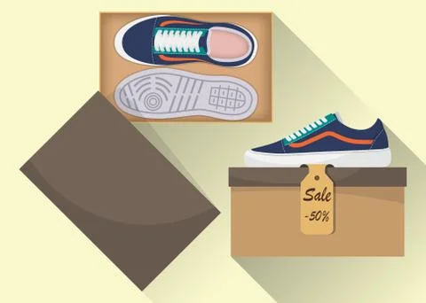 Stylish modern sneakers in box, side and top view. The price tag with a disco Stock Illustration