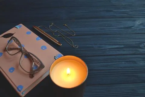 Stylish objects on the wooden table. Stock Photos