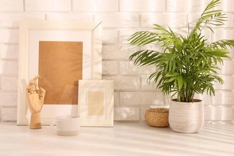 Stylish office workplace. Decor elements, plant and cup on white table near.. Stock Photos