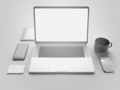 Stylish office workplace in monochrome on a gray background with blanks for.. Stock Photos