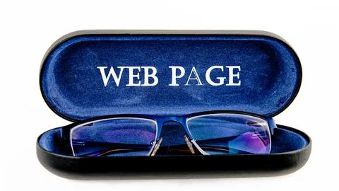 A stylish pair of glasses rests inside a blue-lined case marked Web Page, sho Stock Photos