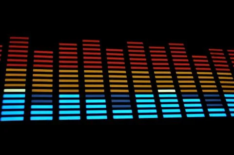 Stylish panel of pixels, neon with blue or green, yellow, red, equalizer in dark Stock Photos