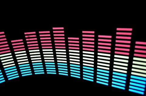 Stylish panel of pixels, neon with blue or green, yellow, red, equalizer in dark Stock Photos