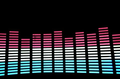Stylish panel of pixels, neon with blue or green, yellow, red, equalizer in dark Stock Photos