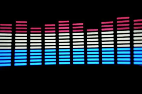 Stylish panel of pixels, neon with blue or green, yellow, red, equalizer in dark Stock Photos