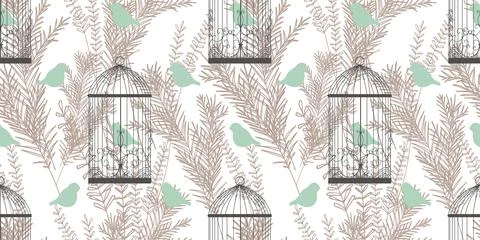 Stylish pattern with birds and cages in Victorian style. Birds of Paradise. G 스톡 일러스트