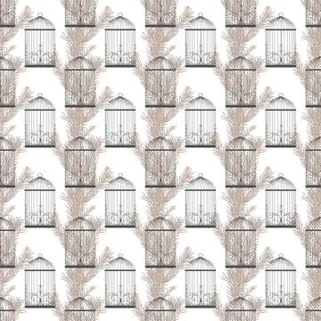 Stylish pattern with birds and cages in Victorian style. Birds of Paradise. G Stock Illustration
