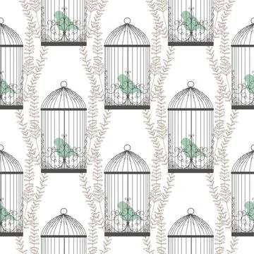 Stylish pattern with birds and cages in Victorian style. Birds of Paradise. G Stock-Illustration