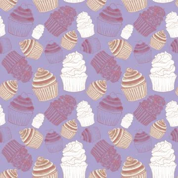 Stylish purple seamless pattern of linear illustrations of brown cupcakes wit Stock Illustration