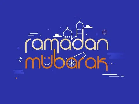 Stylish Ramadan Mubarak Font Text Decorated with Mosque, Smiley, Cannon and.. Stock Illustration