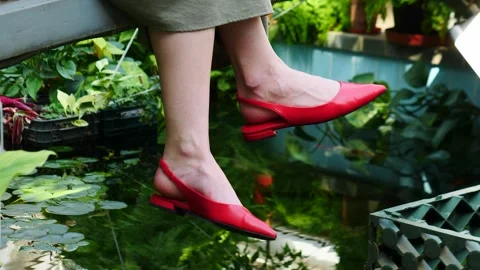 Stylish red open-toe ballet flats against a backdrop of water and greenery Stock Footage 310540072