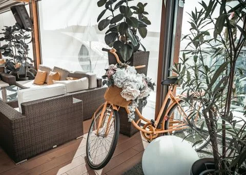 Stylish restaurant interior with mod bicycle. Stock-Fotos