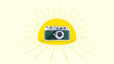 Stylish retro camera over light background with abstract design elements Stock Photos
