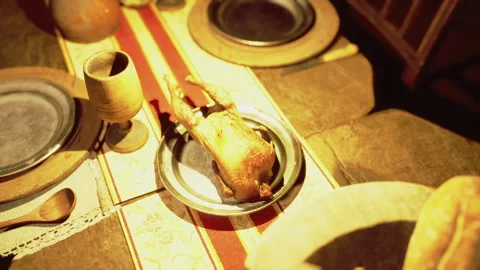 Stylish roasted poultry arranged with crafted bread and muted tones Vidéo 339628600