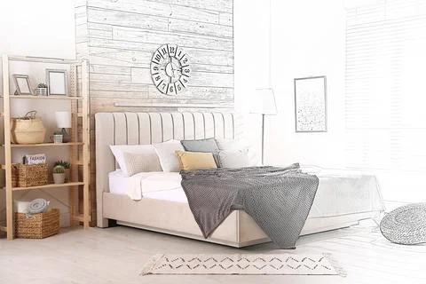 Stylish room with big comfortable bed. Illustrated interior design Stock Illustration