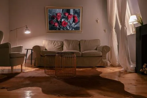 Stylish room with a sofa, table, leather carpet Stock Photos