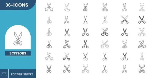 Stylish Scissors Icon Collection in Flat Vector Design Illustrazione stock