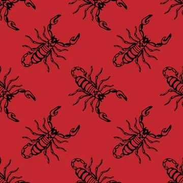 A Stylish Scorpion Pattern Set Against a Bold and Striking Red Background That Stock Illustration
