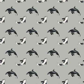 Stylish seamless fabric design featuring orca whales and seals on a neutral.. Stock Illustration